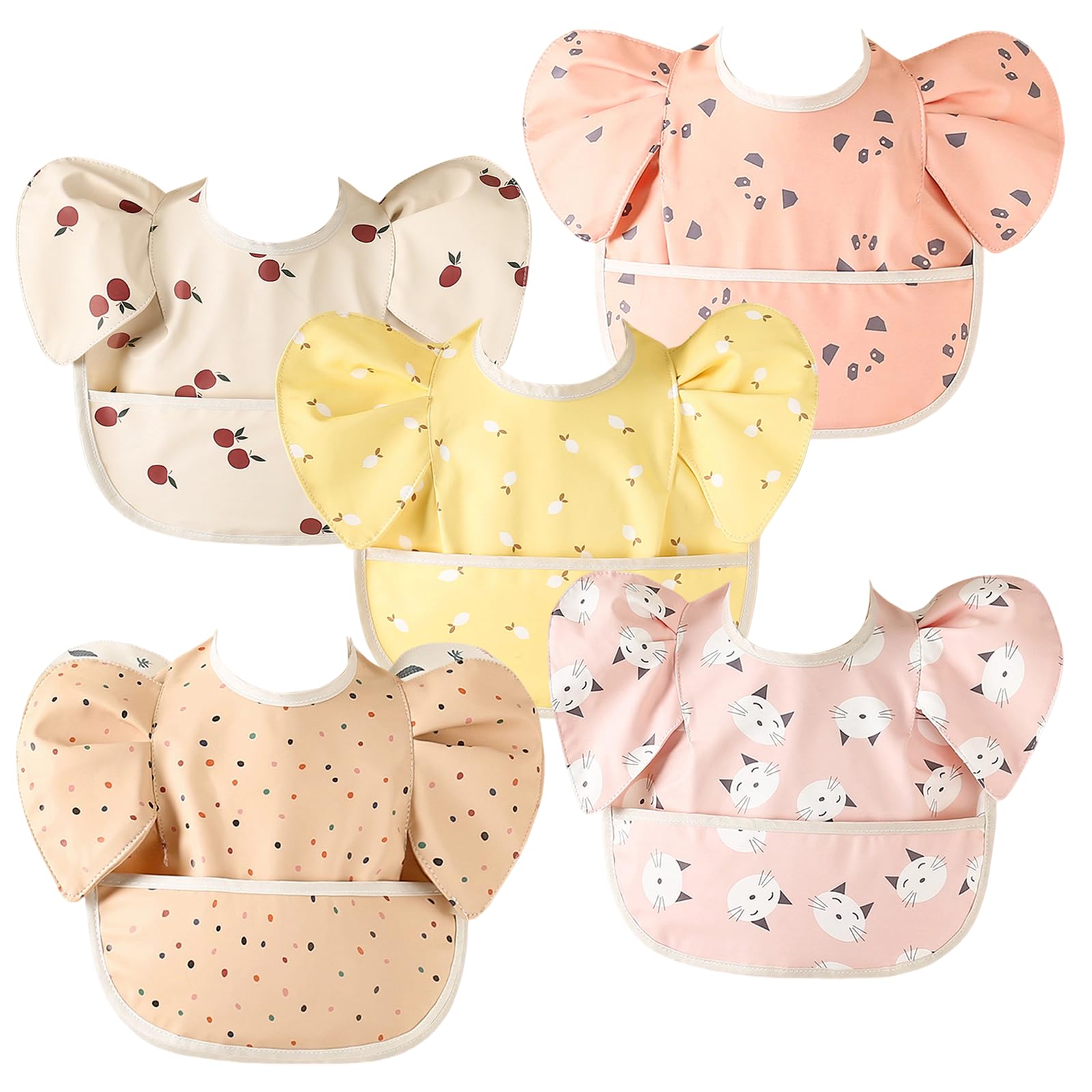DOSMINE 5 Pack Baby Bibs for Eating Baby Feeding Bibs with Large Food Catcher Waterproof Wipeable Mess Proof Adjustable Fit for 0-5 Years