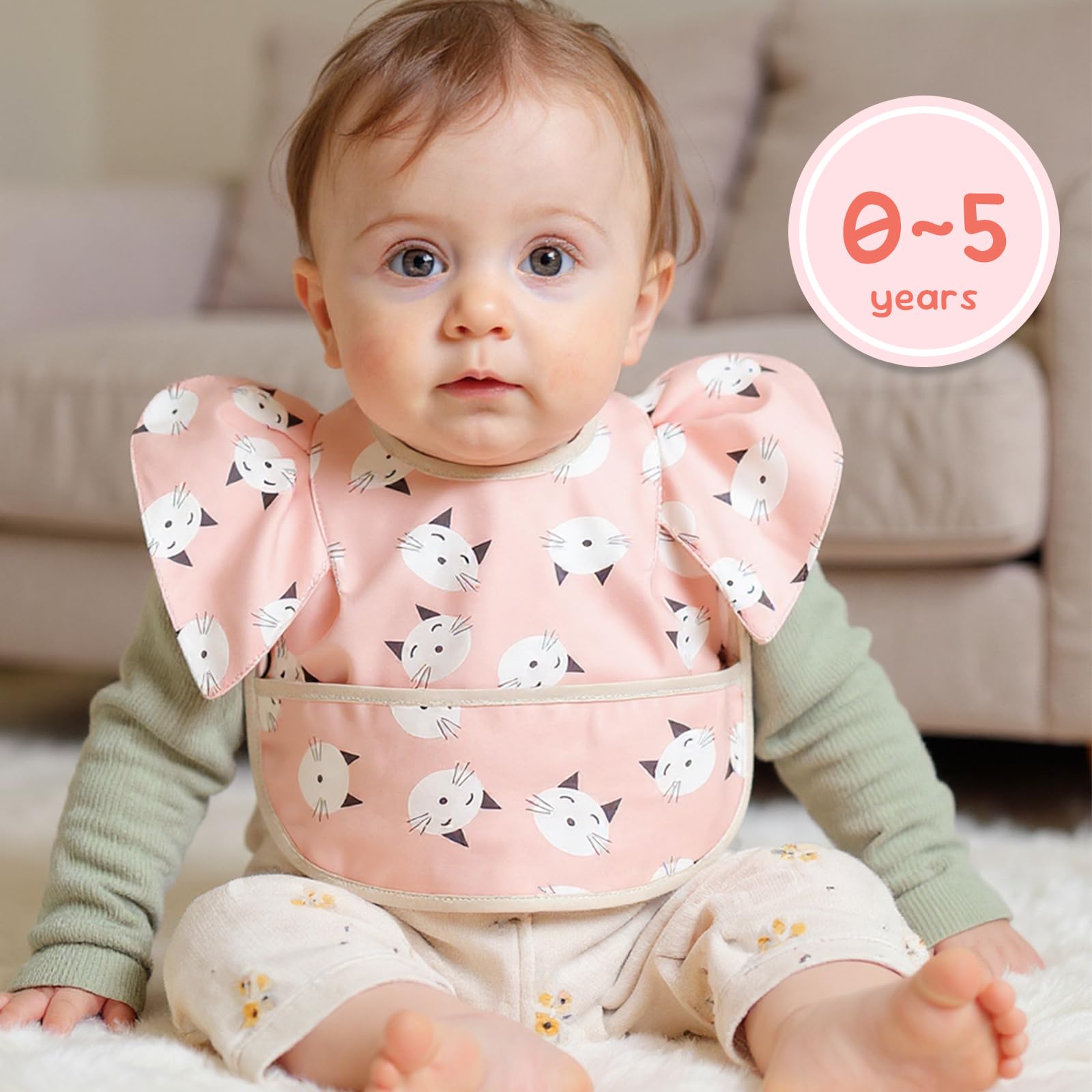 DOSMINE 5 Pack Baby Bibs for Eating Baby Feeding Bibs with Large Food Catcher Waterproof Wipeable Mess Proof Adjustable Fit for 0-5 Years - Image 2