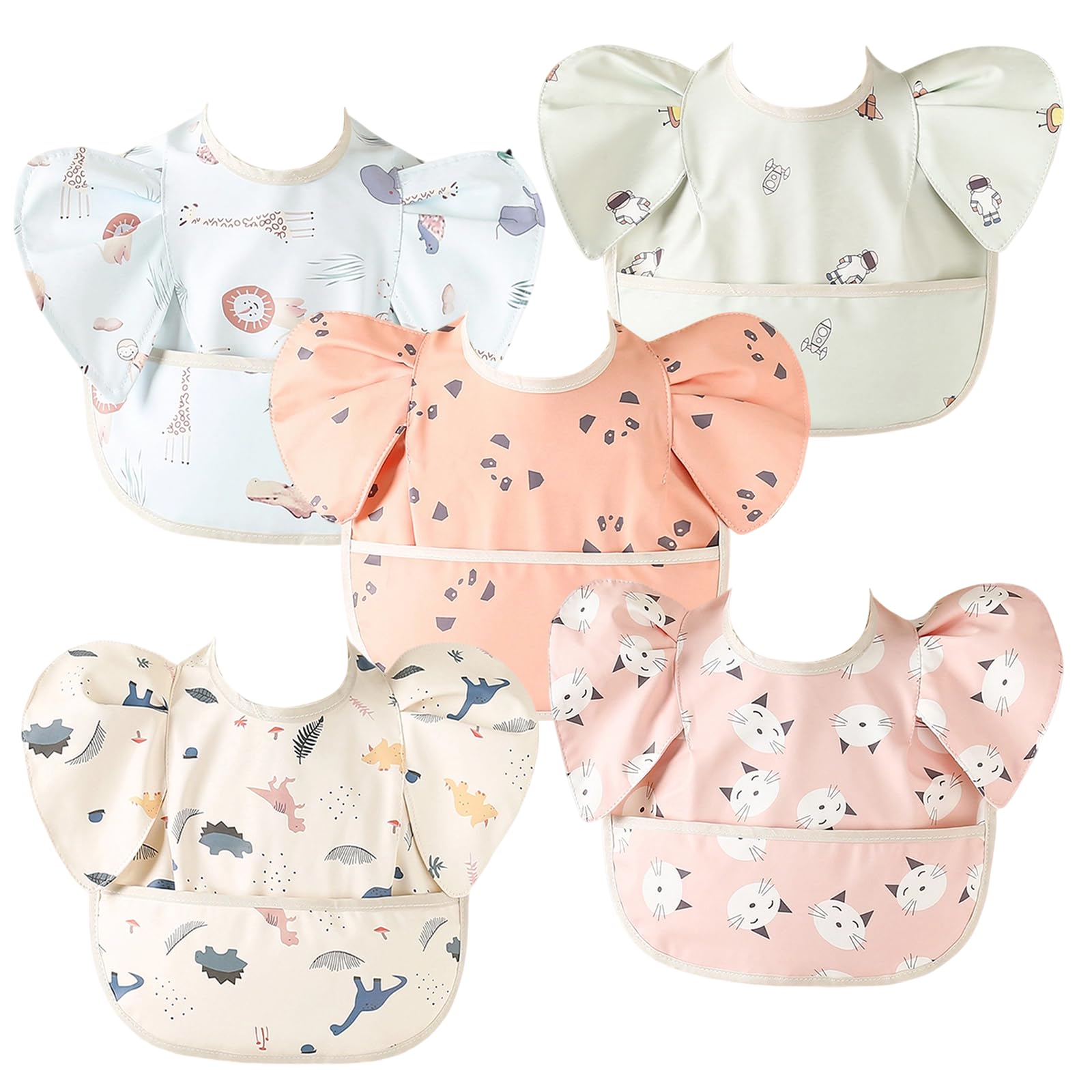 DOSMINE 5 Pack Baby Feeding Bibs with Waterproof Food Catcher - Adjustable, Wipeable & Mess Proof for 0-5 Years
